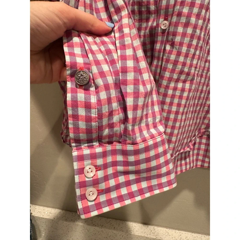 Stone Rose Gingham Button Down Shirt Pink Floral Trim Cotton Men's Size 3 Medium - Picture 7 of 9